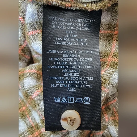 Pilcro Anthtopologie Crinkle Plaid Button-Up Women's L Cream Olive & Pink Flowy - Picture 11 of 12